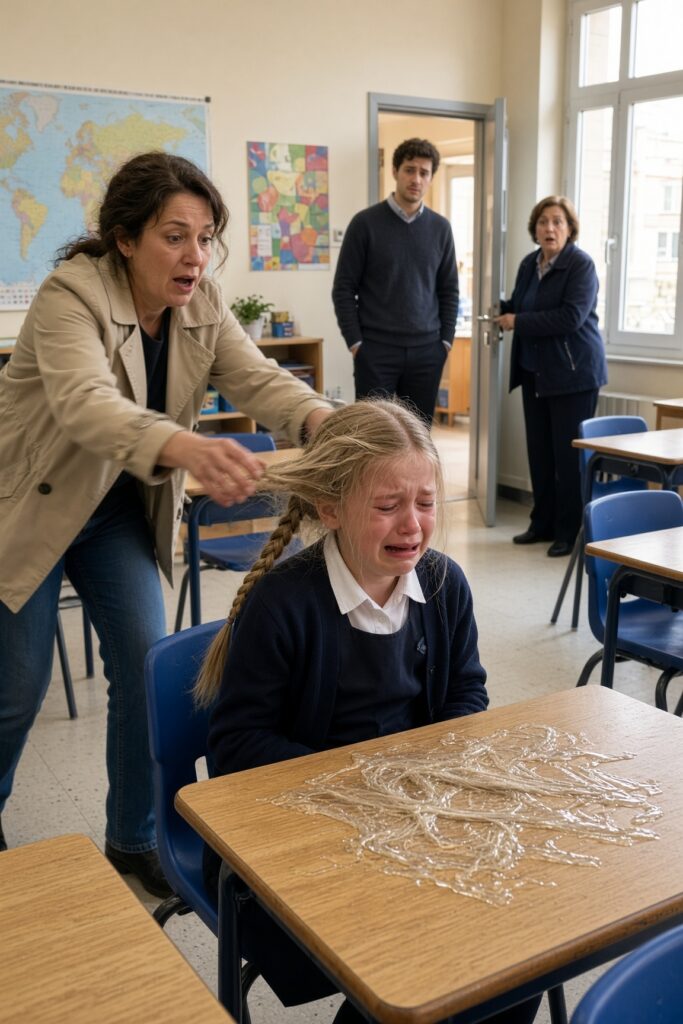 El colegio dijo que mi hija solo estaba exagerando, pero cuando entré en el aula y vi su cabello pegado al pupitre, la reacción del profesor lo cambió todo